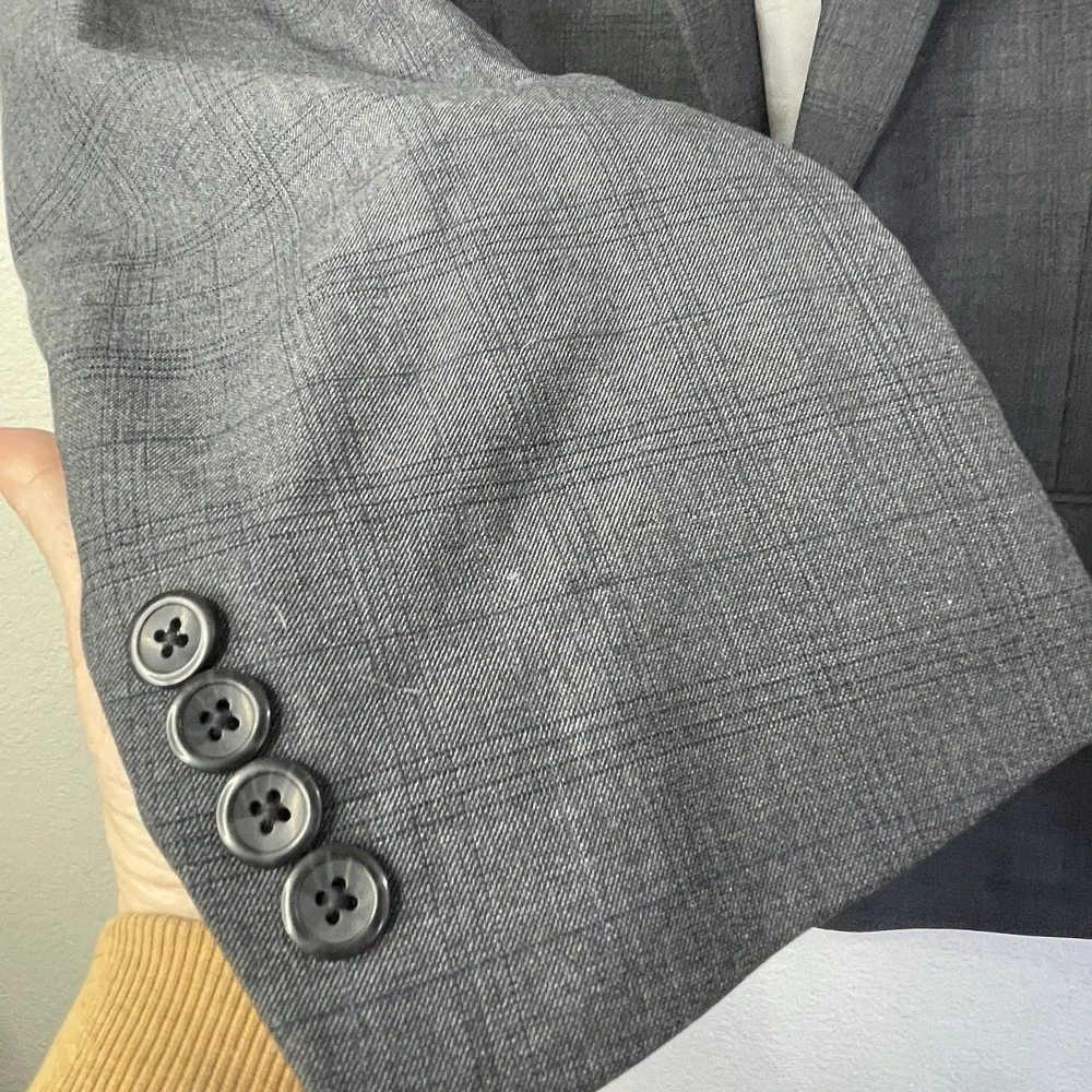 Geoffrey Beene‎ Gray Blue Windowpane Blazer 52R  2 Button Rayon Suit Jacket